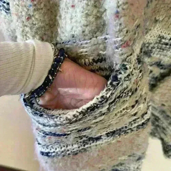 Women’s Sz M/L Blue Marled Longline Knit Pocket Open Cardigan Beach Coastal - Picture 6 of 9